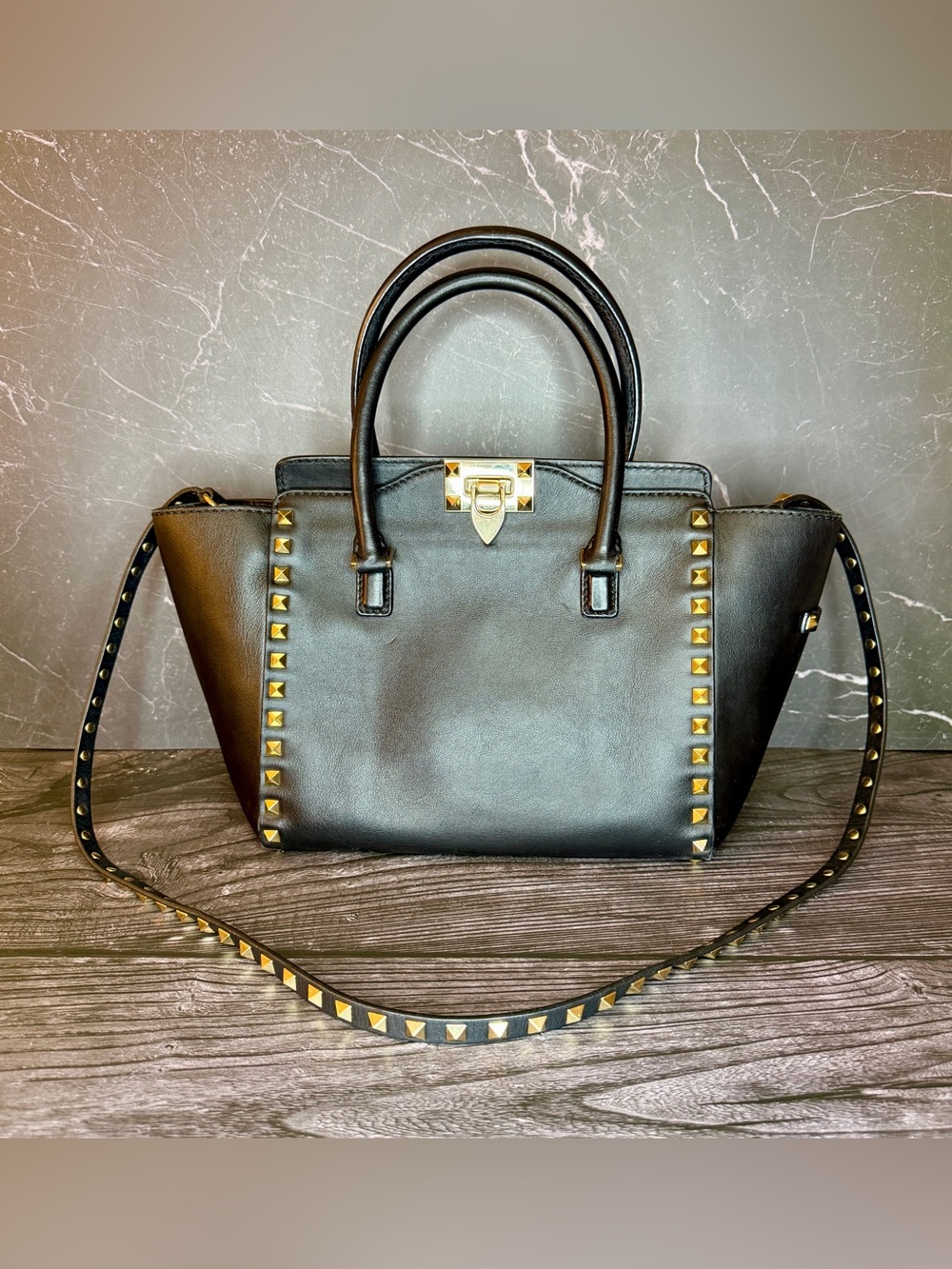 Valentino Garavani Large Rockstud Tote Satchel Black Leather Crossbody Bag